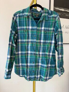 Eddie Bauer Womens XL Blue Flannel Shirt Cotton Button Up Plaid Outdoor